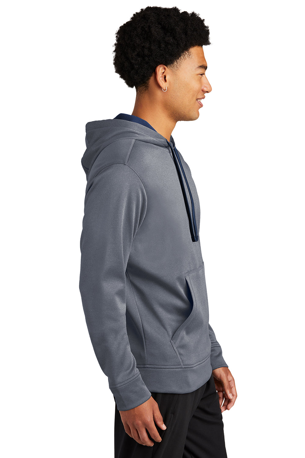 Sport-Tek ST264 Mens Heather Sport-Wick Moisture Wicking Fleece Hooded Sweatshirt Hoodie Heather True Navy Blue Model Side