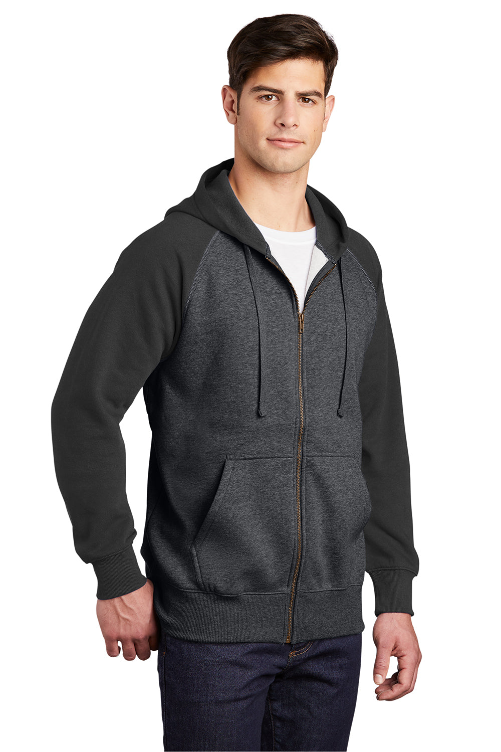 Sport-Tek ST269 Mens Shrink Resistant Fleece Full Zip Hooded Sweatshirt Hoodie Heather Graphite Grey/Black Model 3q