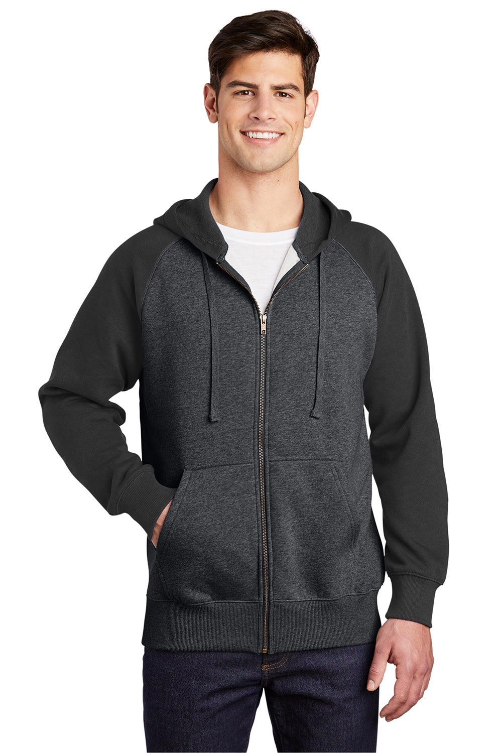 Sport-Tek ST269 Mens Shrink Resistant Fleece Full Zip Hooded Sweatshirt Hoodie Heather Graphite Grey/Black Model Front