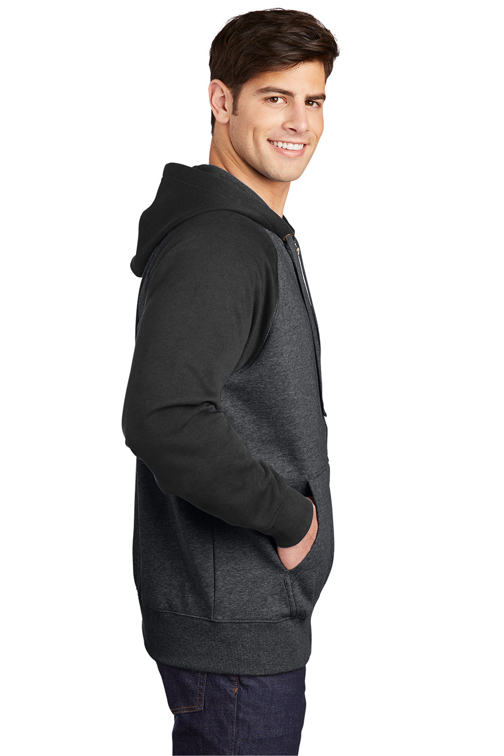 Sport-Tek ST269 Mens Shrink Resistant Fleece Full Zip Hooded Sweatshirt Hoodie Heather Graphite Grey/Black Model Side