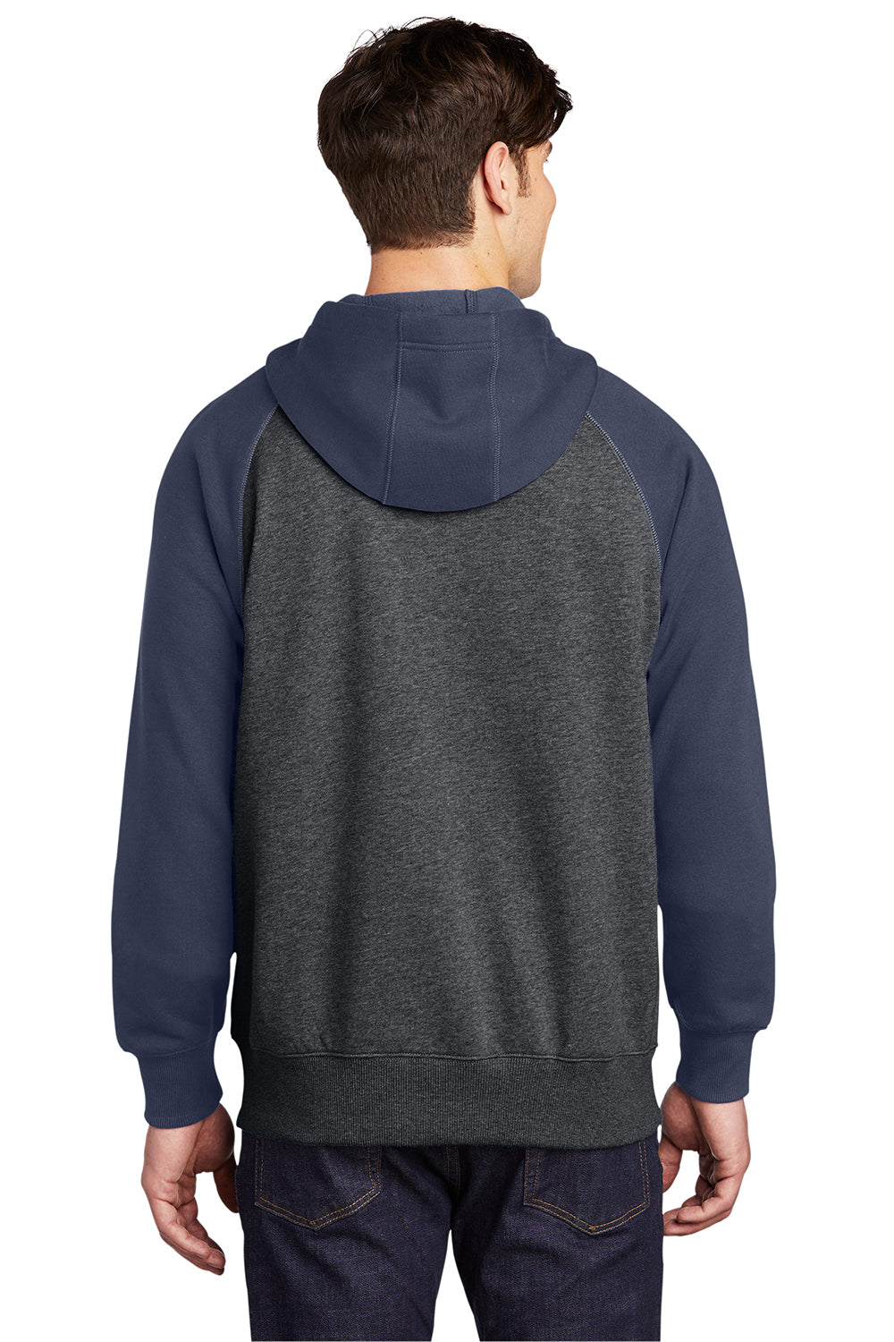 Sport-Tek ST269 Mens Shrink Resistant Fleece Full Zip Hooded Sweatshirt Hoodie Heather Graphite Grey/True Navy Blue Model Back