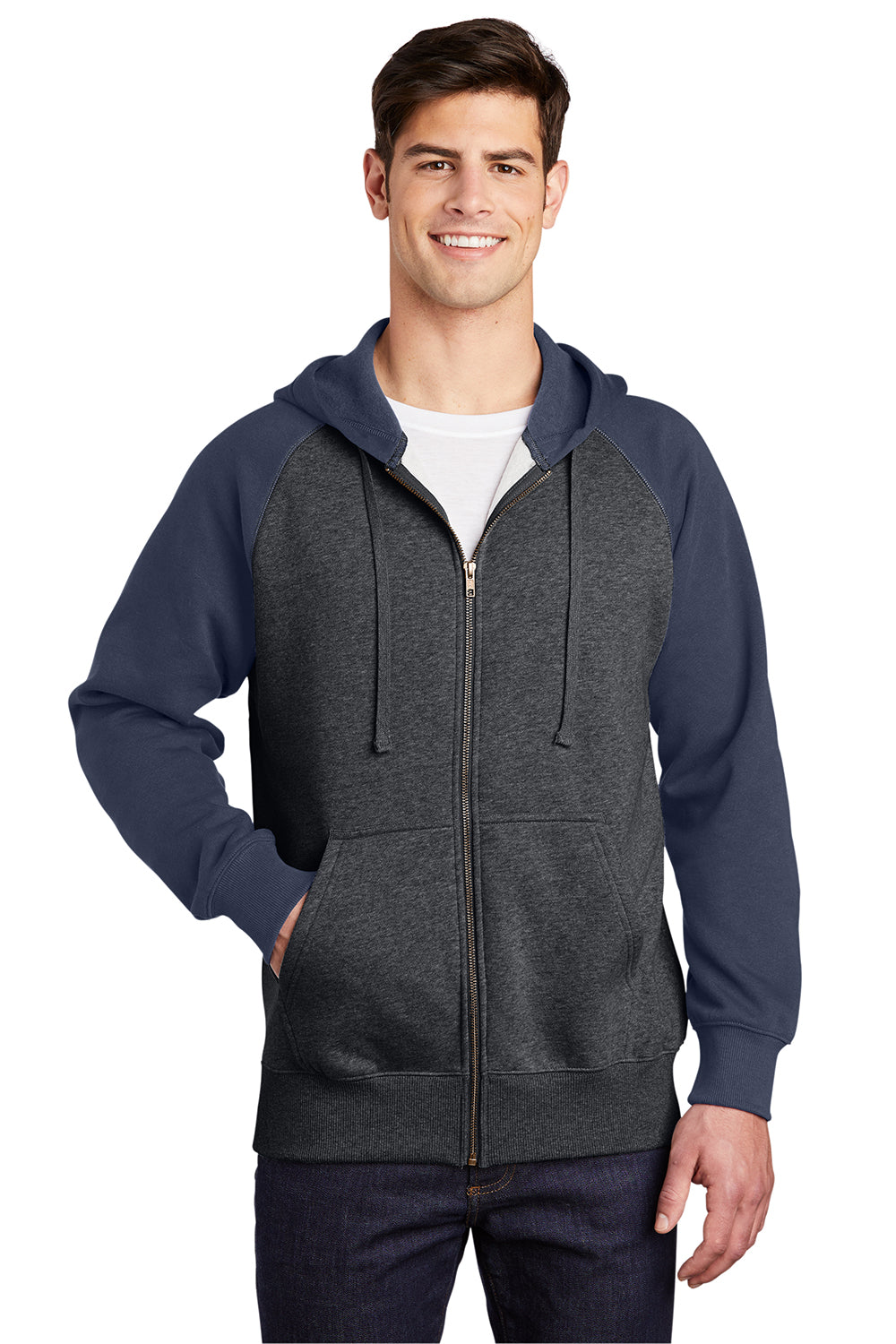 Sport-Tek ST269 Mens Shrink Resistant Fleece Full Zip Hooded Sweatshirt Hoodie Heather Graphite Grey/True Navy Blue Model Front