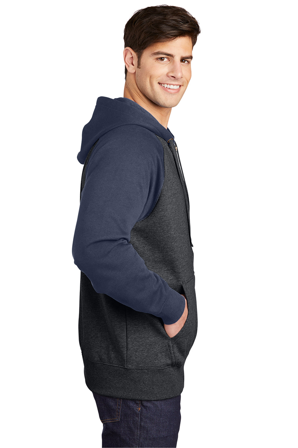 Sport-Tek ST269 Mens Shrink Resistant Fleece Full Zip Hooded Sweatshirt Hoodie Heather Graphite Grey/True Navy Blue Model Side