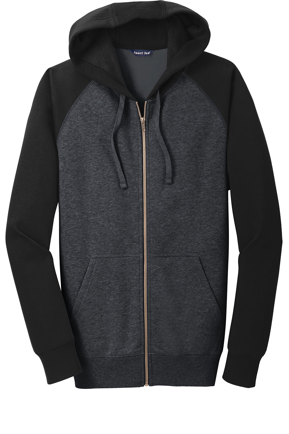 Sport-Tek ST269 Mens Shrink Resistant Fleece Full Zip Hooded Sweatshirt Hoodie Heather Graphite Grey/Black Flat Front