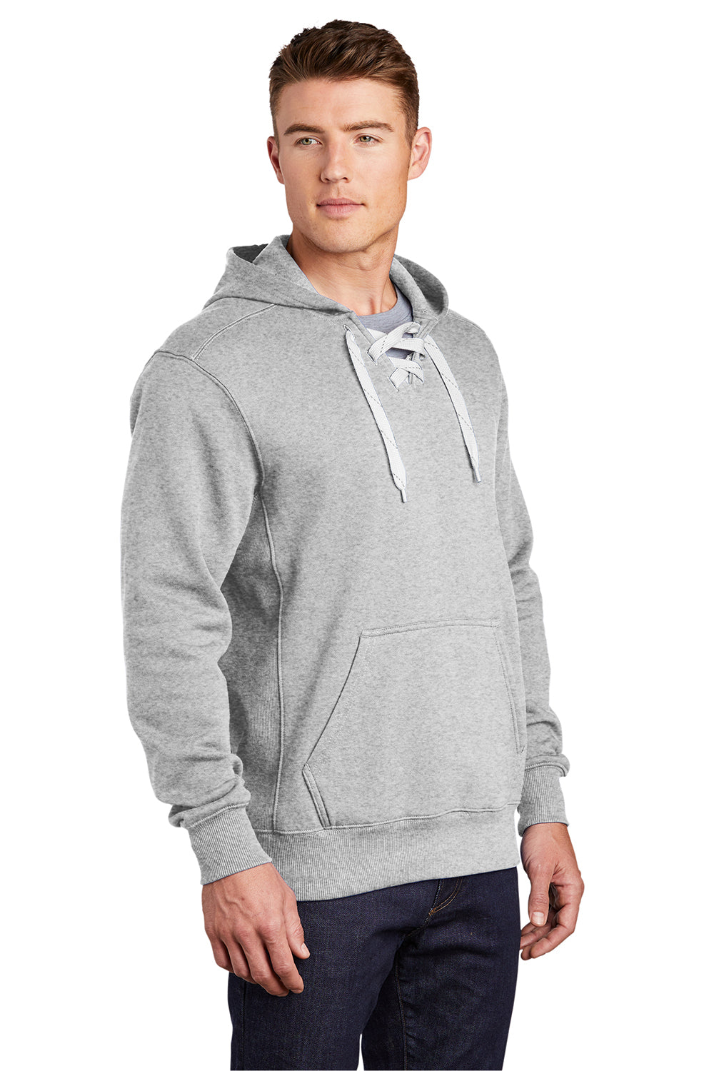 Sport-Tek ST271 Mens Lace Up Fleece Hooded Sweatshirt Hoodie Heather Grey Model 3q