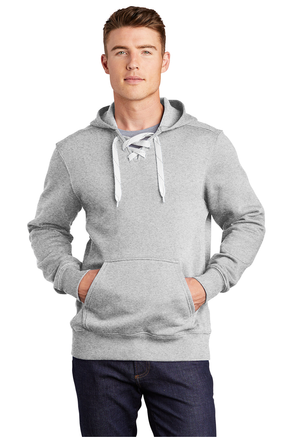 Sport-Tek ST271 Mens Lace Up Fleece Hooded Sweatshirt Hoodie Heather Grey Model Front