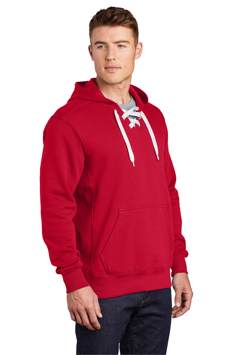 Sport-Tek ST271 Mens Lace Up Fleece Hooded Sweatshirt Hoodie Deep Red Model 3q