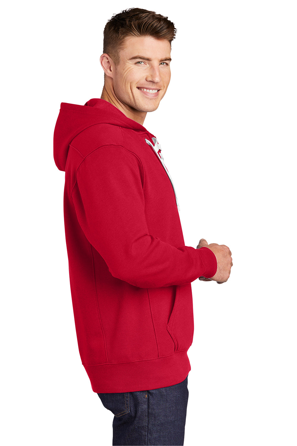 Sport-Tek ST271 Mens Lace Up Fleece Hooded Sweatshirt Hoodie Deep Red Model Side