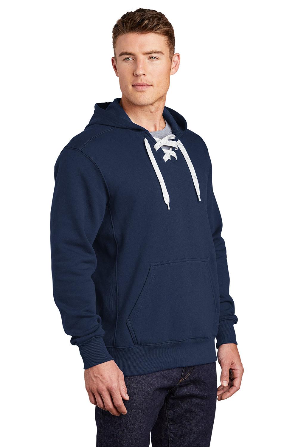 Sport-Tek ST271 Mens Lace Up Fleece Hooded Sweatshirt Hoodie True Navy Blue Model 3q