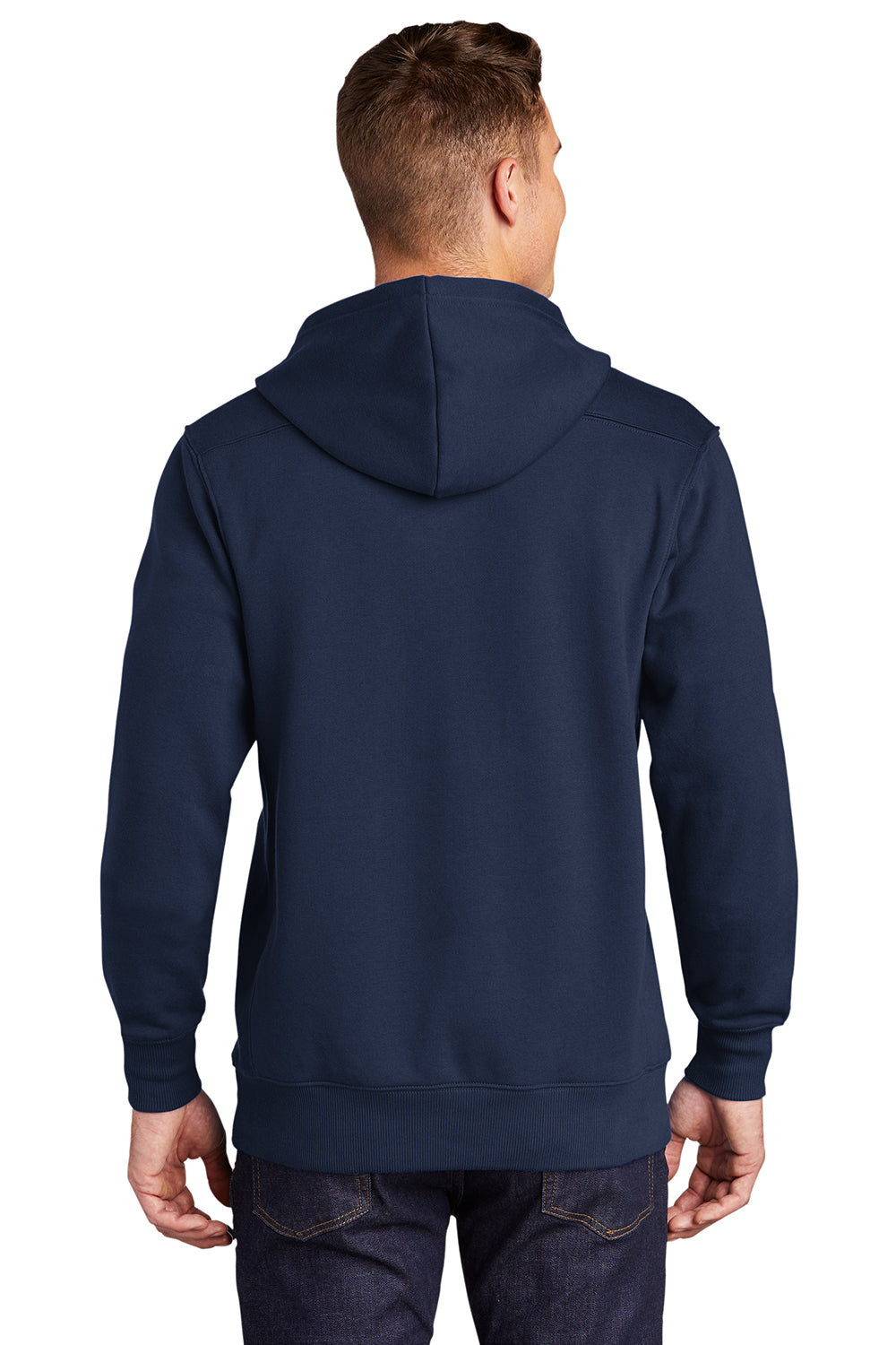 Sport-Tek ST271 Mens Lace Up Fleece Hooded Sweatshirt Hoodie True Navy Blue Model Back