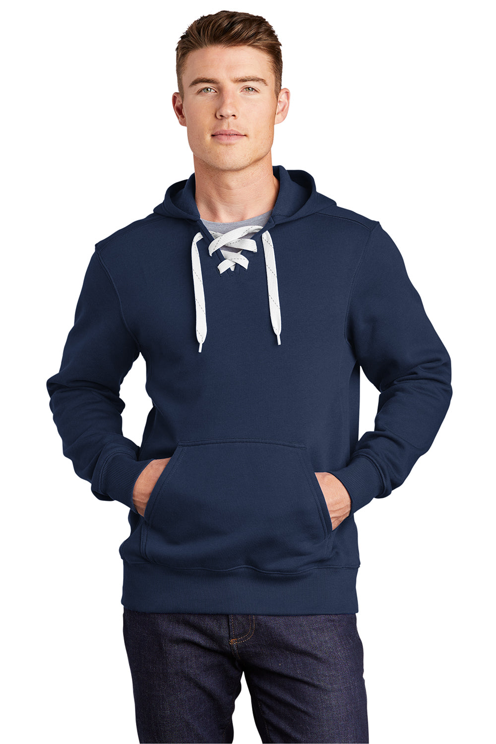 Sport-Tek ST271 Mens Lace Up Fleece Hooded Sweatshirt Hoodie True Navy Blue Model Front