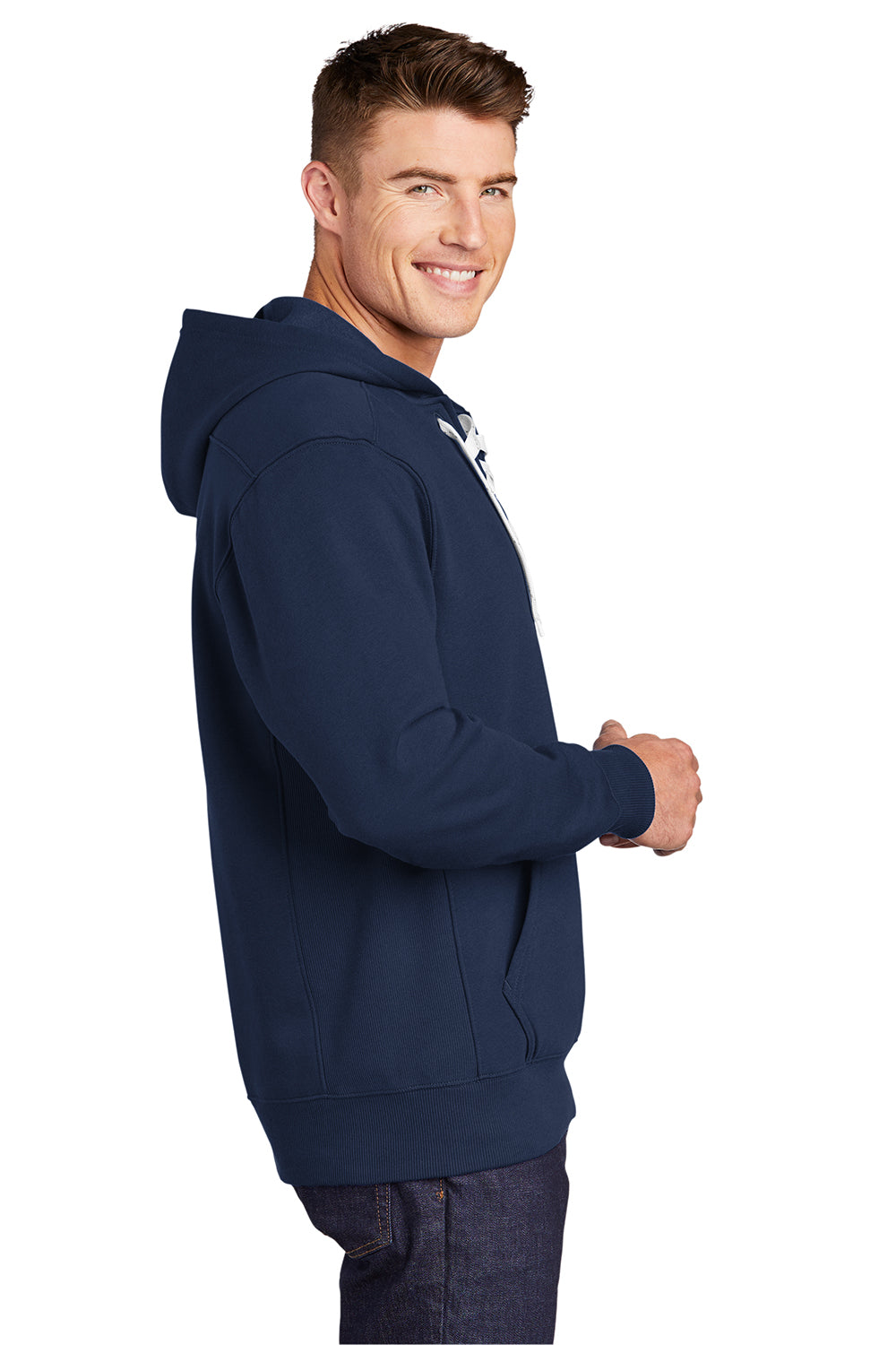 Sport-Tek ST271 Mens Lace Up Fleece Hooded Sweatshirt Hoodie True Navy Blue Model Side