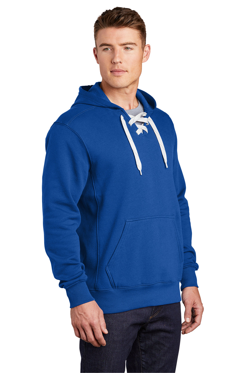 Sport-Tek ST271 Mens Lace Up Fleece Hooded Sweatshirt Hoodie True Royal Blue Model 3q