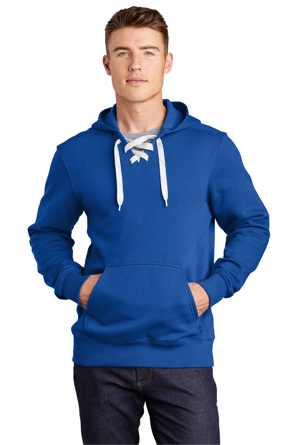 Sport-Tek ST271 Mens Lace Up Fleece Hooded Sweatshirt Hoodie True Royal Blue Model Front