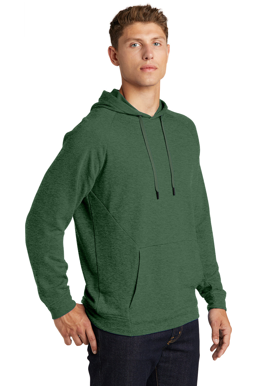 Sport-Tek ST272 Mens French Terry Hooded Sweatshirt Hoodie Heather Forest Green Model 3q