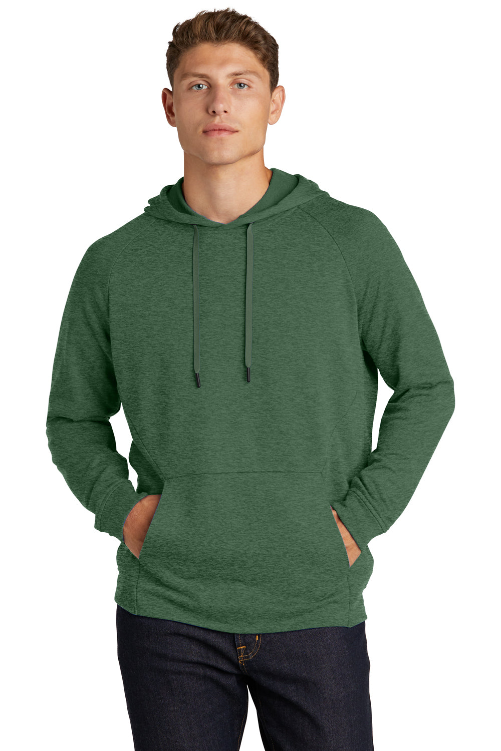 Sport-Tek ST272 Mens French Terry Hooded Sweatshirt Hoodie Heather Forest Green Model Front