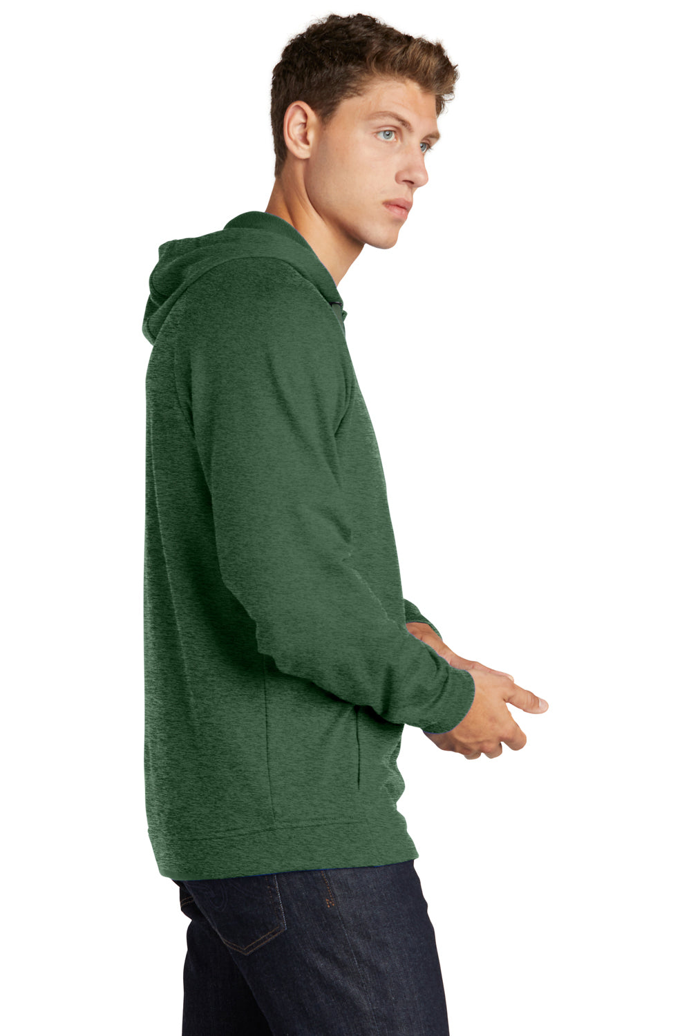 Sport-Tek ST272 Mens French Terry Hooded Sweatshirt Hoodie Heather Forest Green Model Side