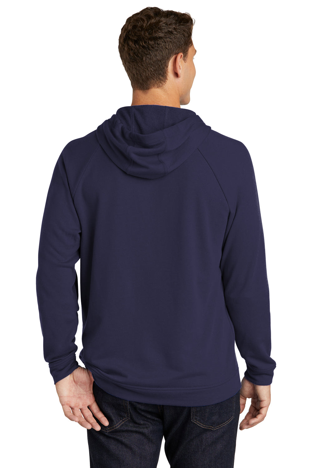 Sport-Tek ST272 Mens French Terry Hooded Sweatshirt Hoodie True Navy Blue Model Back