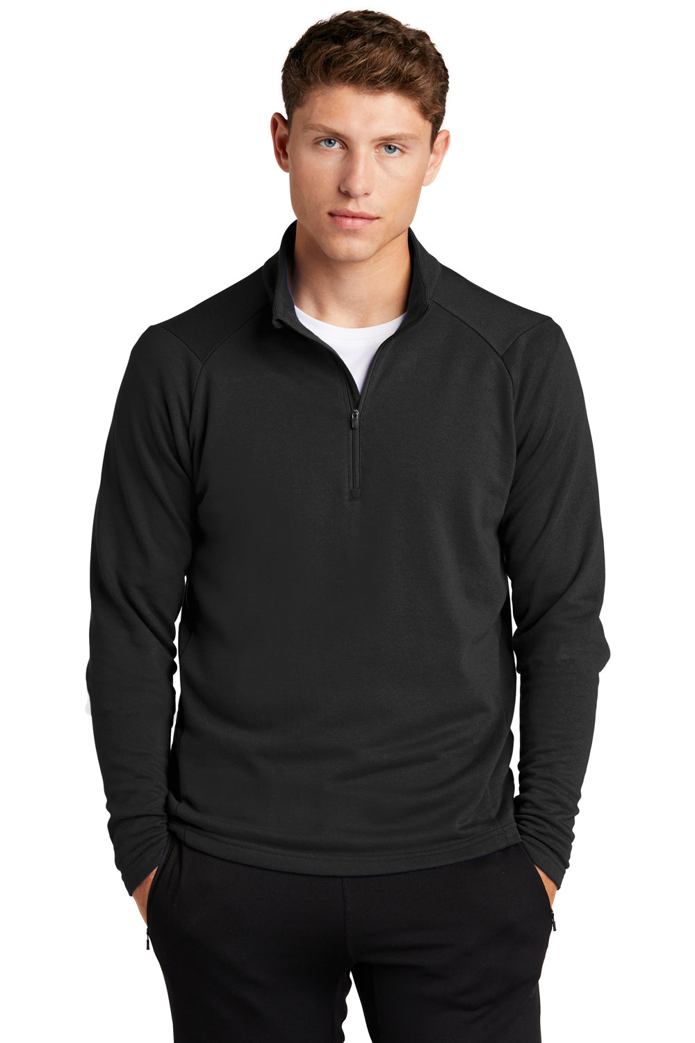 Sport-Tek ST273 Mens French Terry 1/4 Zip Sweatshirt Black Model Front