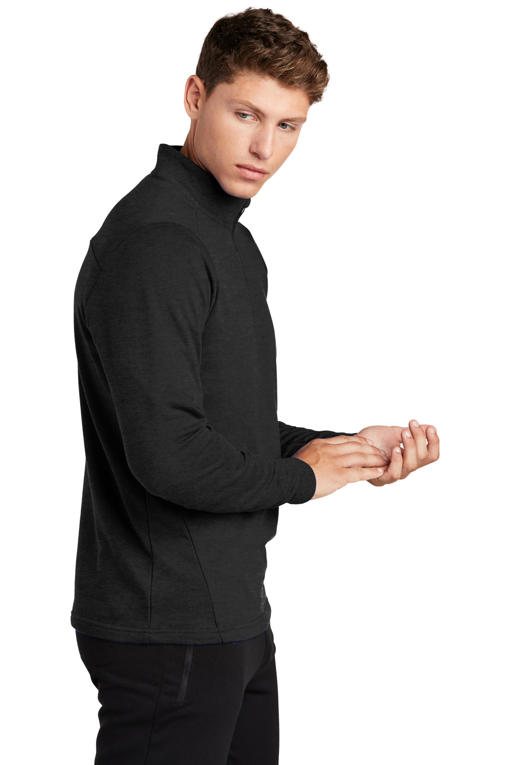 Sport-Tek ST273 Mens French Terry 1/4 Zip Sweatshirt Heather Black Model Side