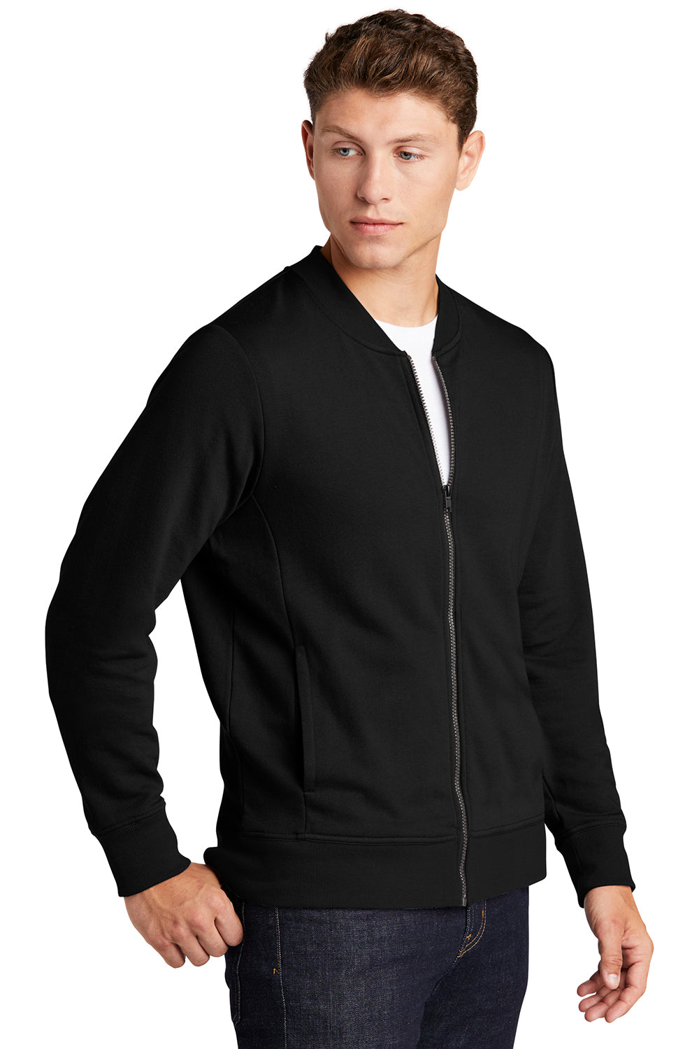 Sport-Tek ST274 Mens French Terry Full Zip Bomber Jacket Black Model 3q