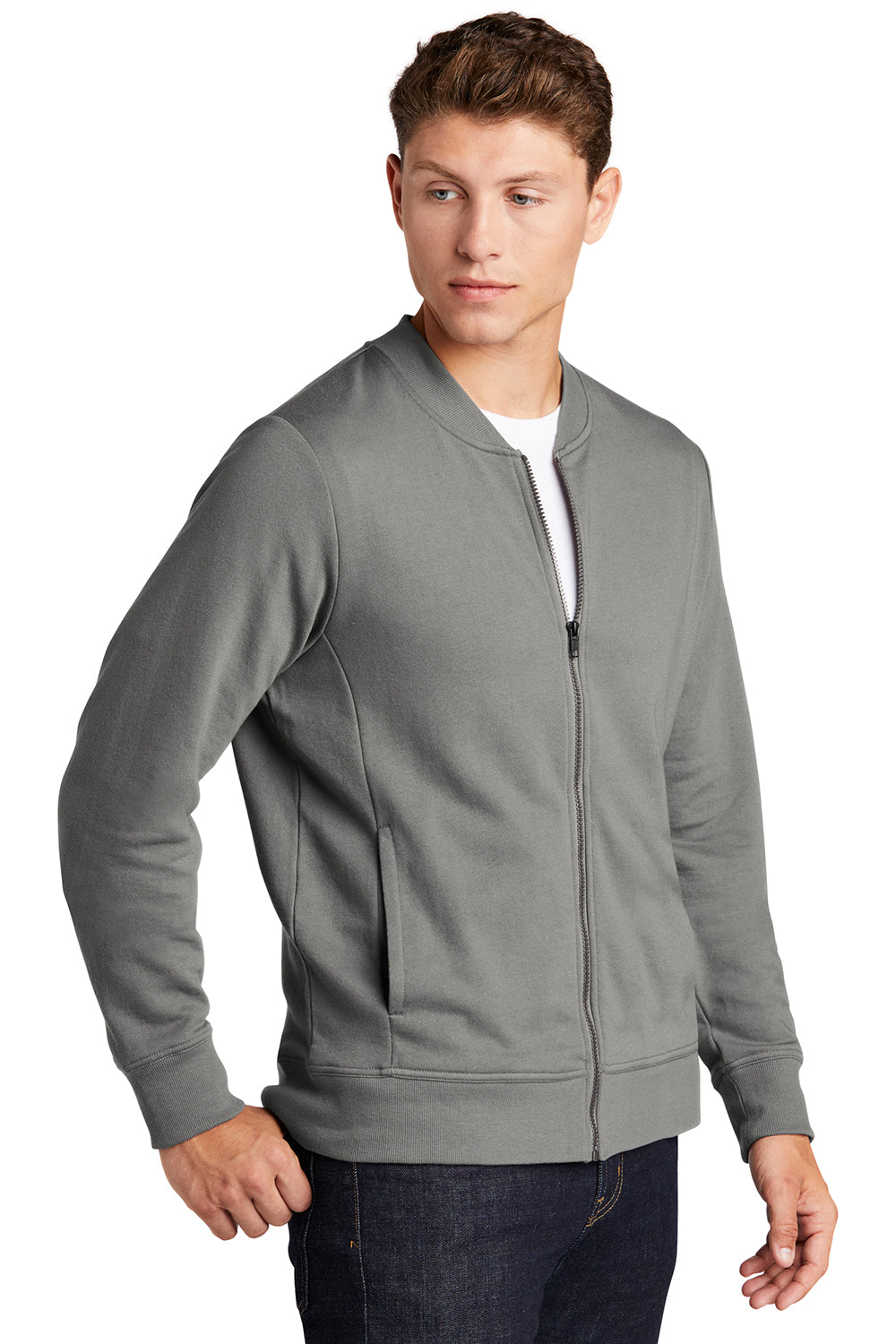 Sport-Tek ST274 Mens French Terry Full Zip Bomber Jacket Concrete Grey Model 3q