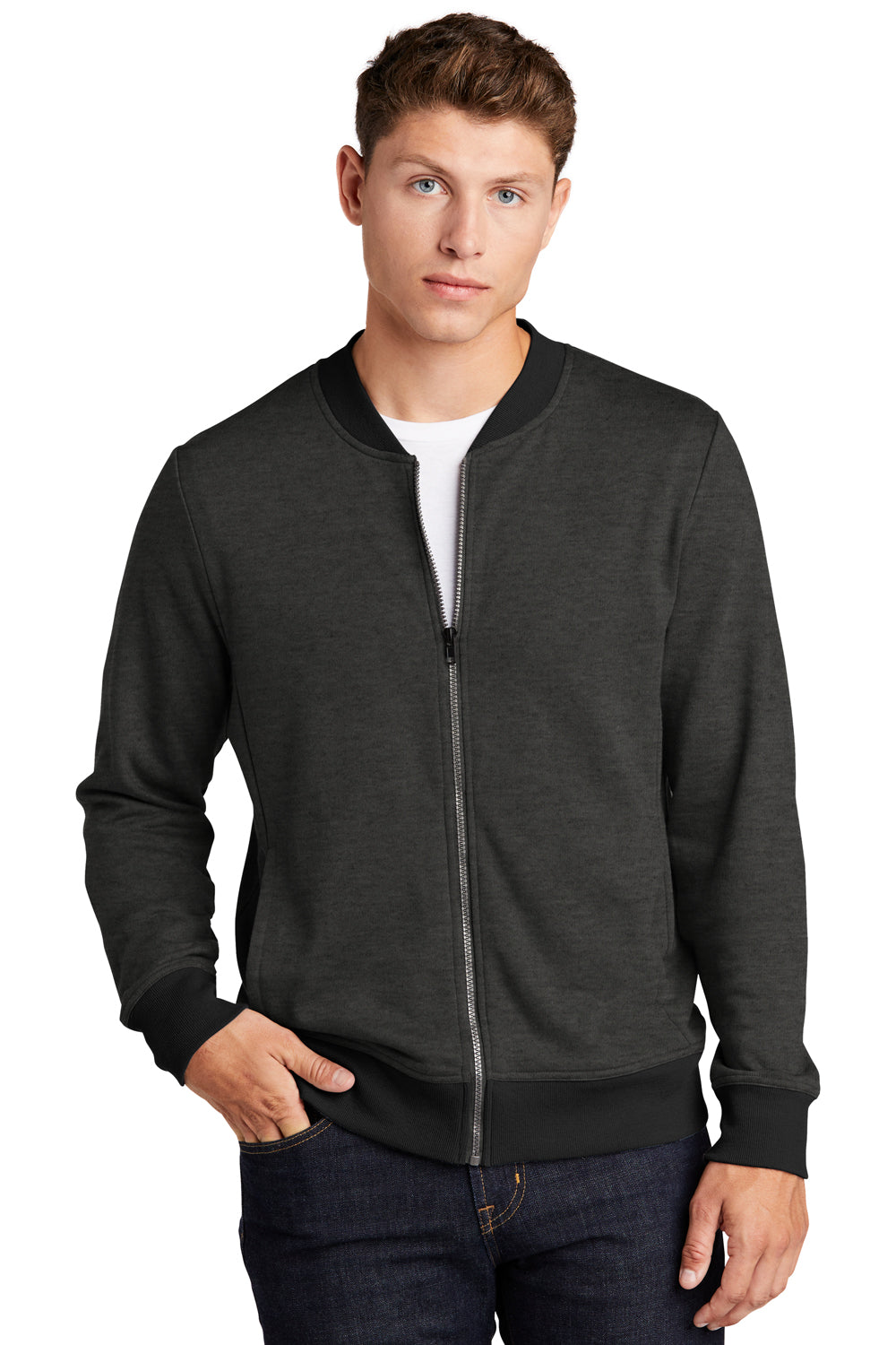 Sport-Tek ST274 Mens French Terry Full Zip Bomber Jacket Heather Black Model Front