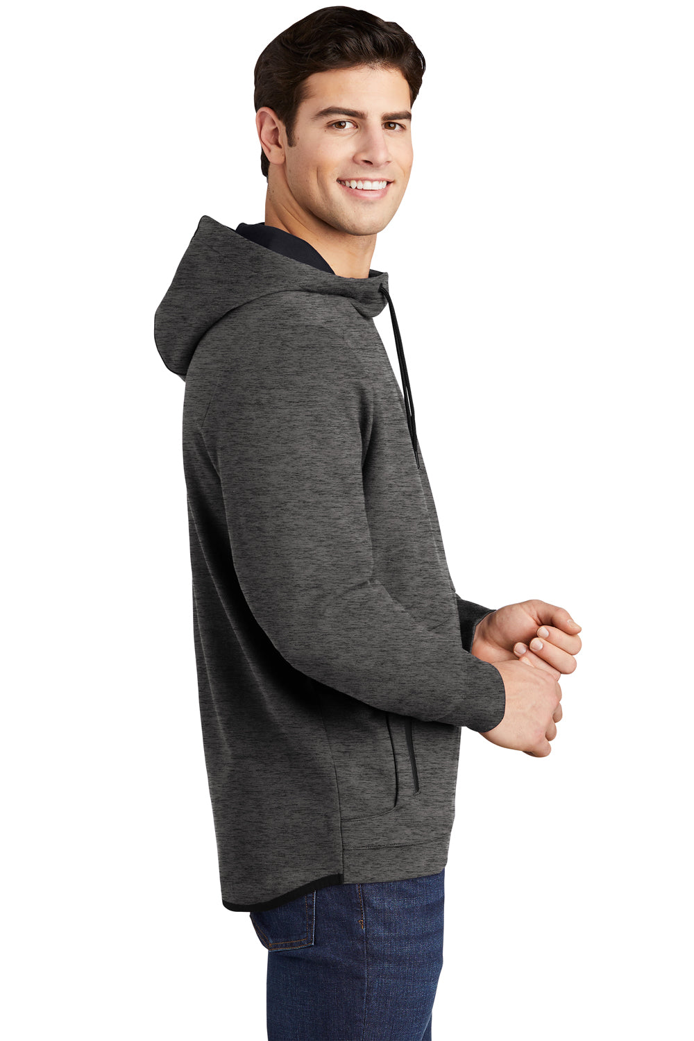 Sport-Tek ST280 Mens Triumph Fleece Hooded Sweatshirt Hoodie Heather Dark Grey Model Side