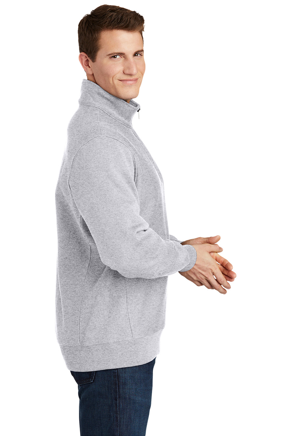 Sport-Tek ST283 Mens Fleece 1/4 Zip Sweatshirt Heather Grey Model Side