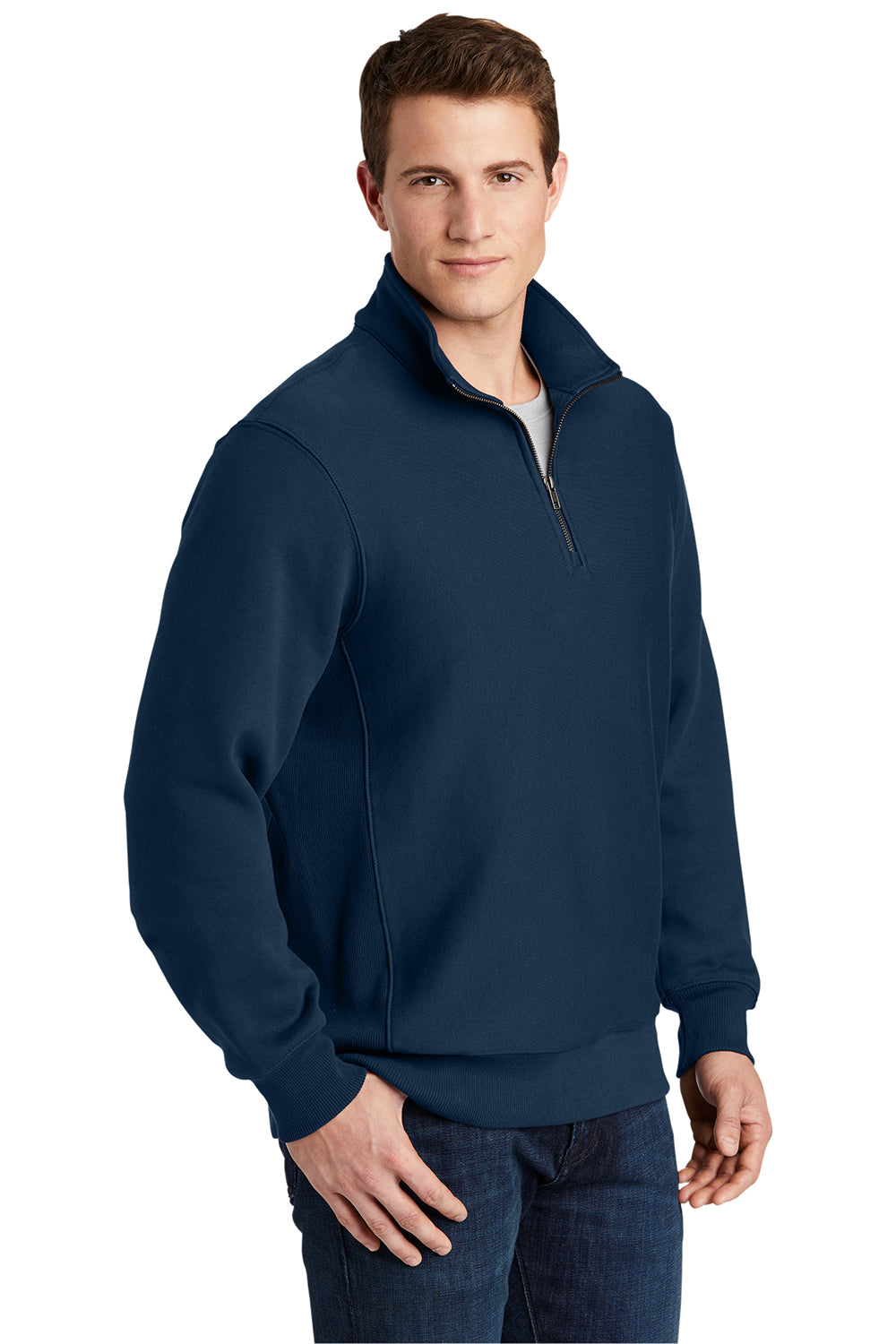 Sport-Tek ST283 Mens Fleece 1/4 Zip Sweatshirt True Navy Blue Model Front