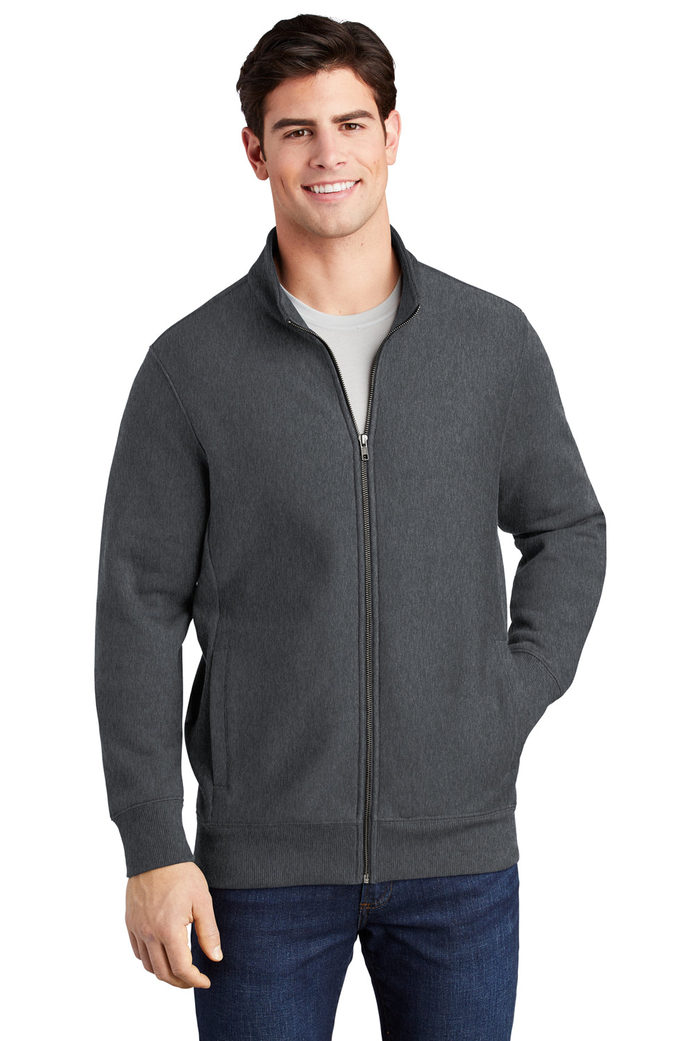 Sport-Tek ST284 Mens Full Zip Sweatshirt Heather Graphite Grey Model Front