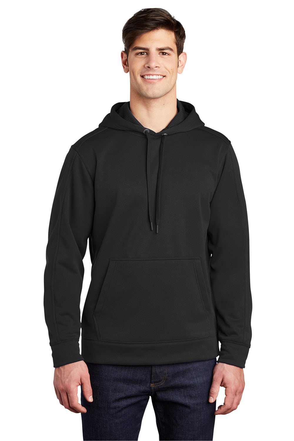 Sport-Tek ST290 Mens Repel Moisture Wicking Hooded Sweatshirt Hoodie Black Model Front