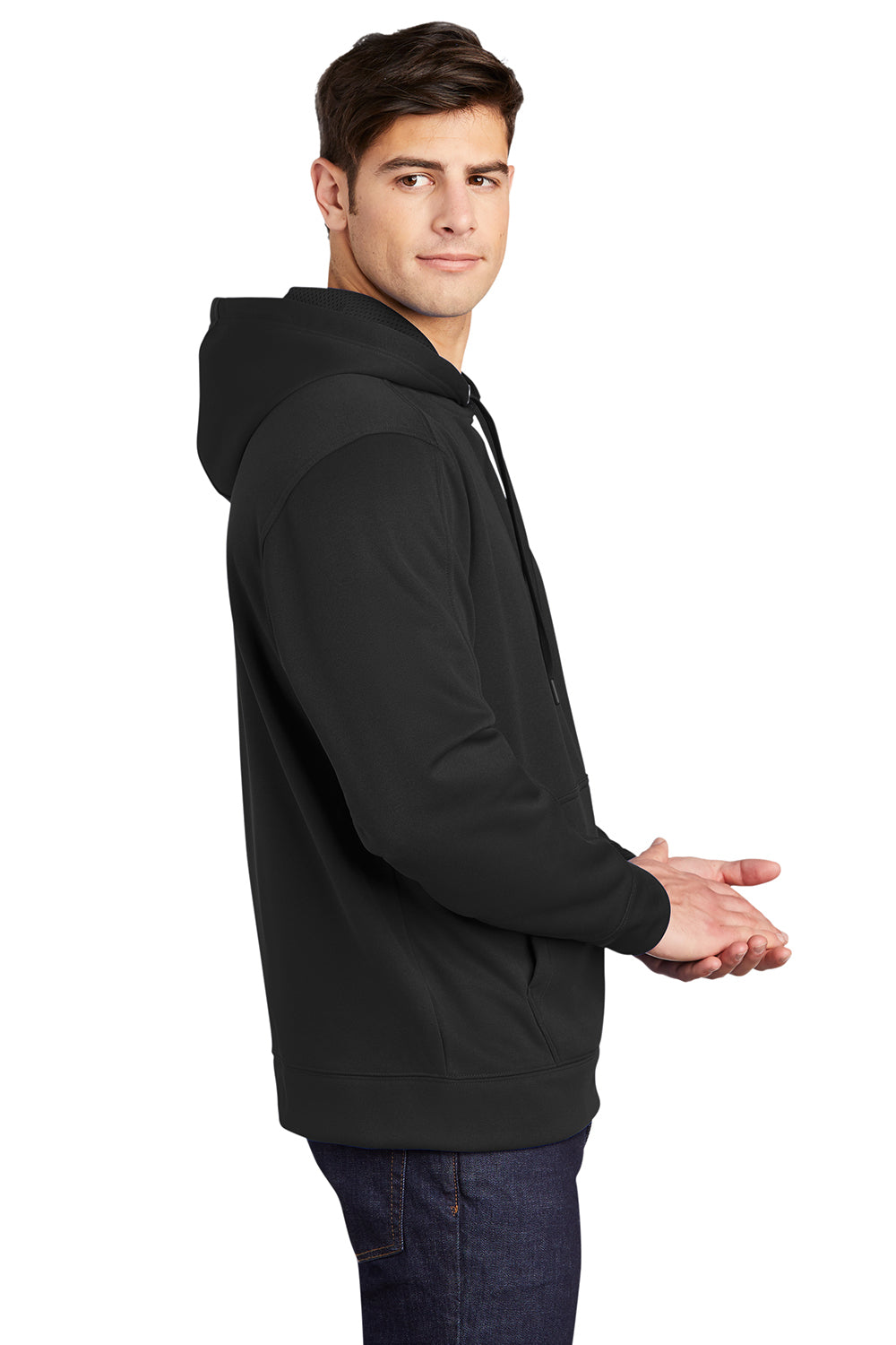 Sport-Tek ST290 Mens Repel Moisture Wicking Hooded Sweatshirt Hoodie Black Model Side