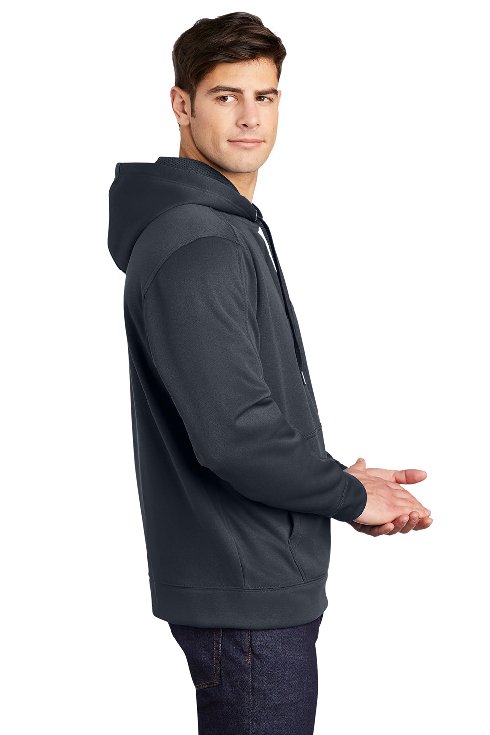 Sport-Tek ST290 Mens Repel Moisture Wicking Hooded Sweatshirt Hoodie Graphite Grey Model Side