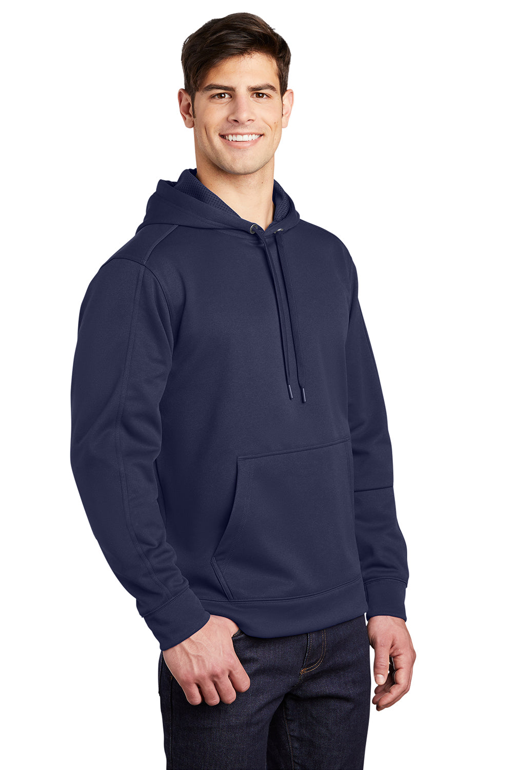 Sport-Tek ST290 Mens Repel Moisture Wicking Hooded Sweatshirt Hoodie True Navy Blue Model 3q