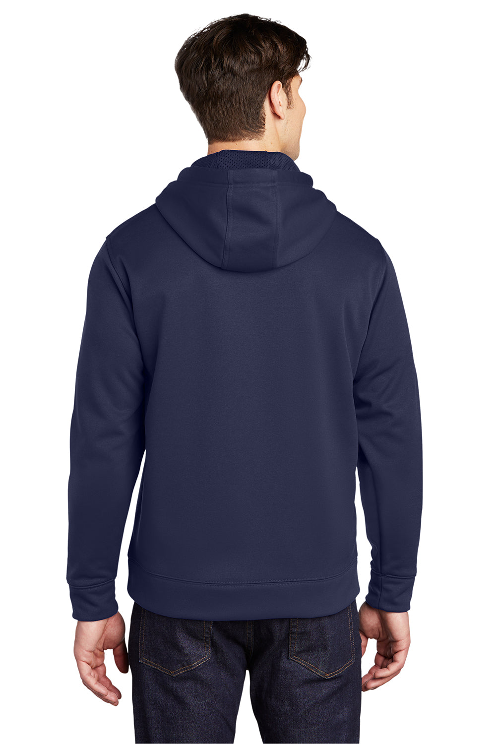 Sport-Tek ST290 Mens Repel Moisture Wicking Hooded Sweatshirt Hoodie True Navy Blue Model Back