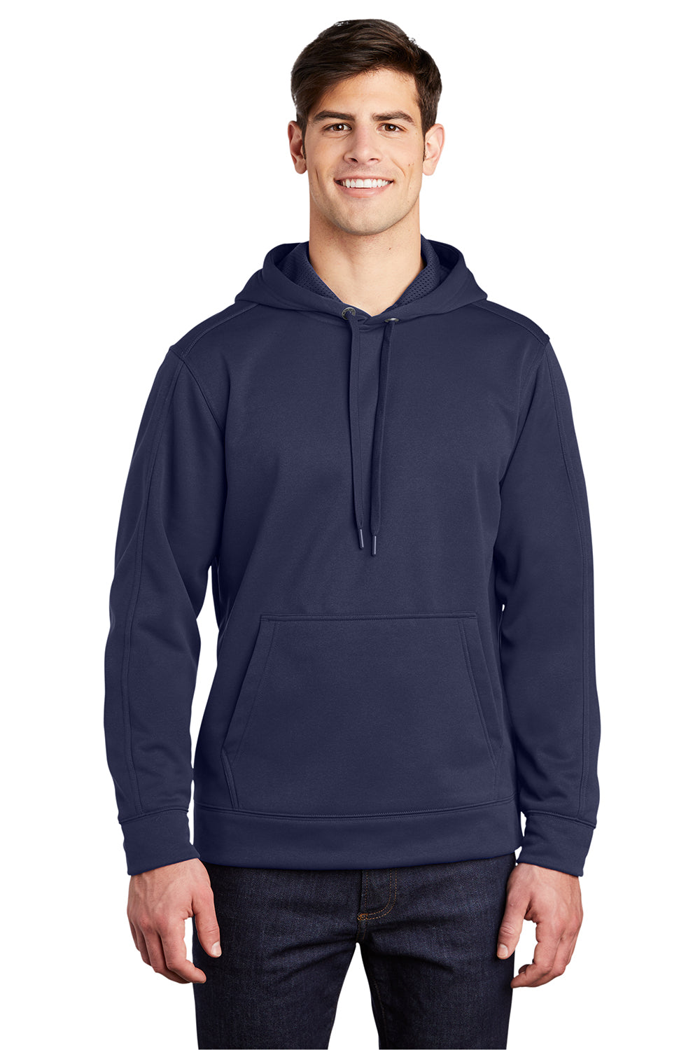 Sport-Tek ST290 Mens Repel Moisture Wicking Hooded Sweatshirt Hoodie True Navy Blue Model Front