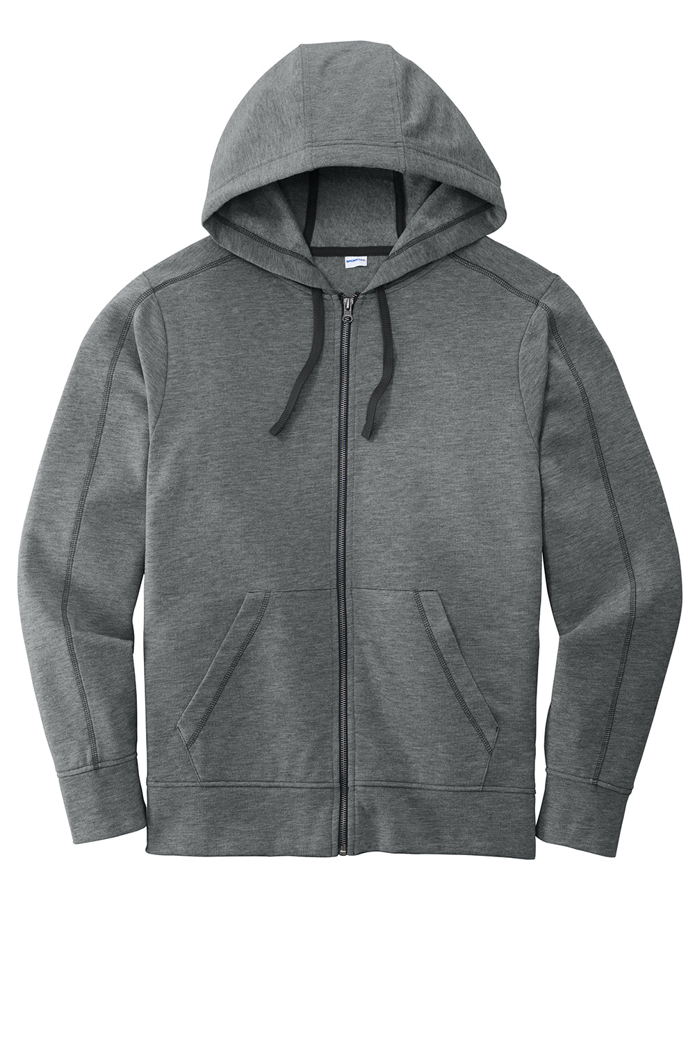 Sport-Tek ST293 Mens Moisture Wicking Fleece Full Zip Hooded Sweatshirt Hoodie Heather Dark Grey Flat Front