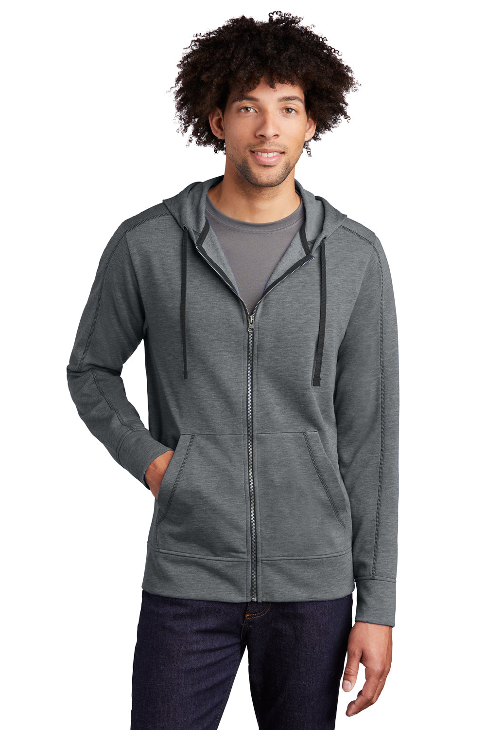 Sport-Tek ST293 Mens Moisture Wicking Fleece Full Zip Hooded Sweatshirt Hoodie Heather Dark Grey Model Front