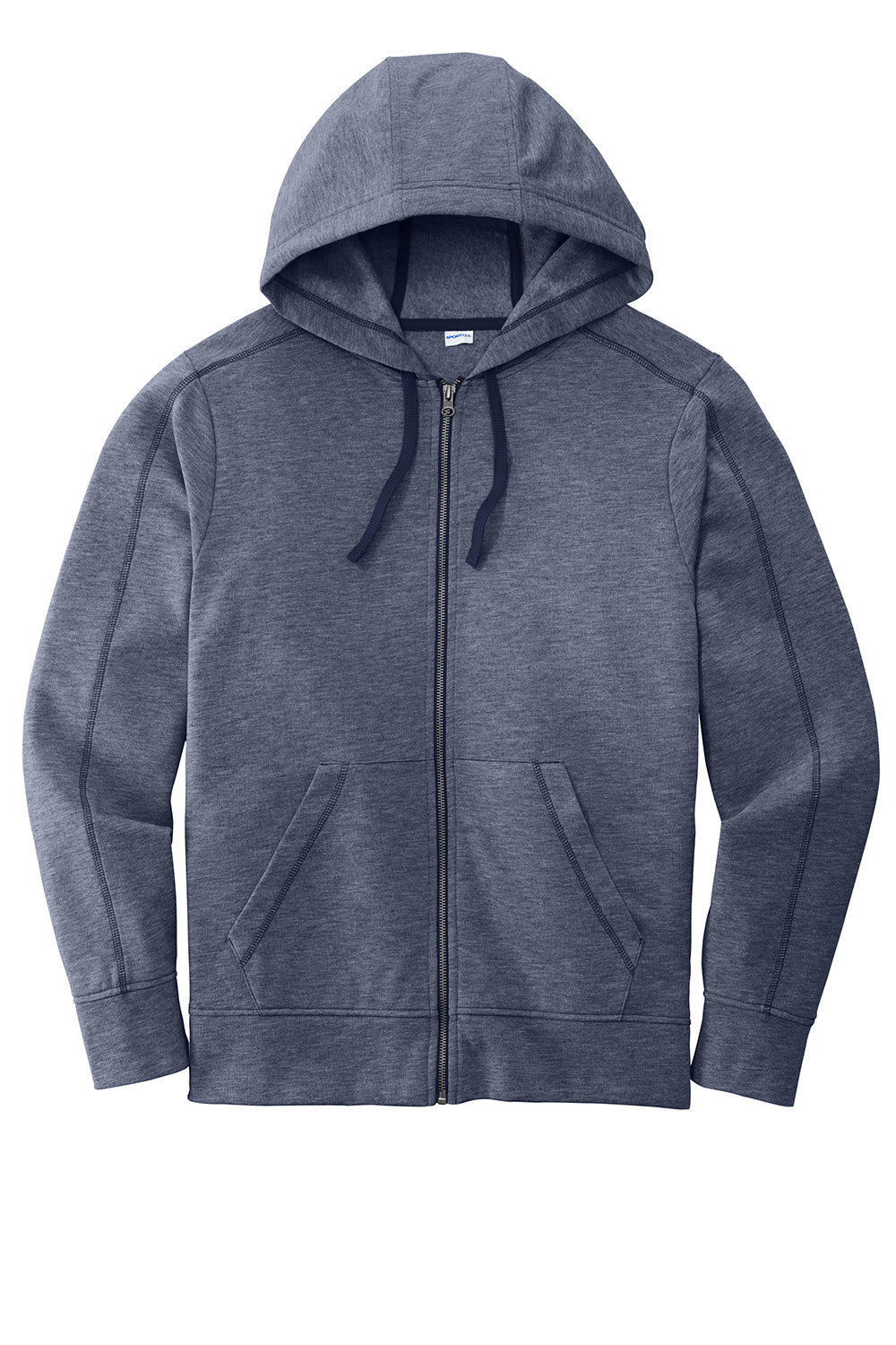 Sport-Tek ST293 Mens Moisture Wicking Fleece Full Zip Hooded Sweatshirt Hoodie Heather True Navy Blue Flat Front