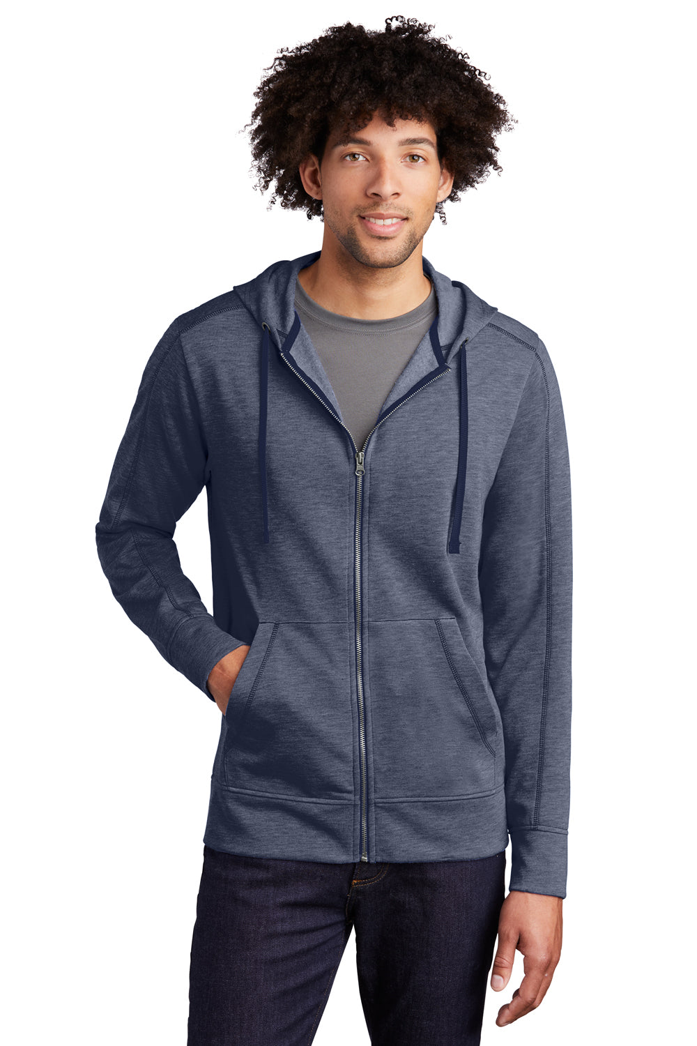 Sport-Tek ST293 Mens Moisture Wicking Fleece Full Zip Hooded Sweatshirt Hoodie Heather True Navy Blue Model Front