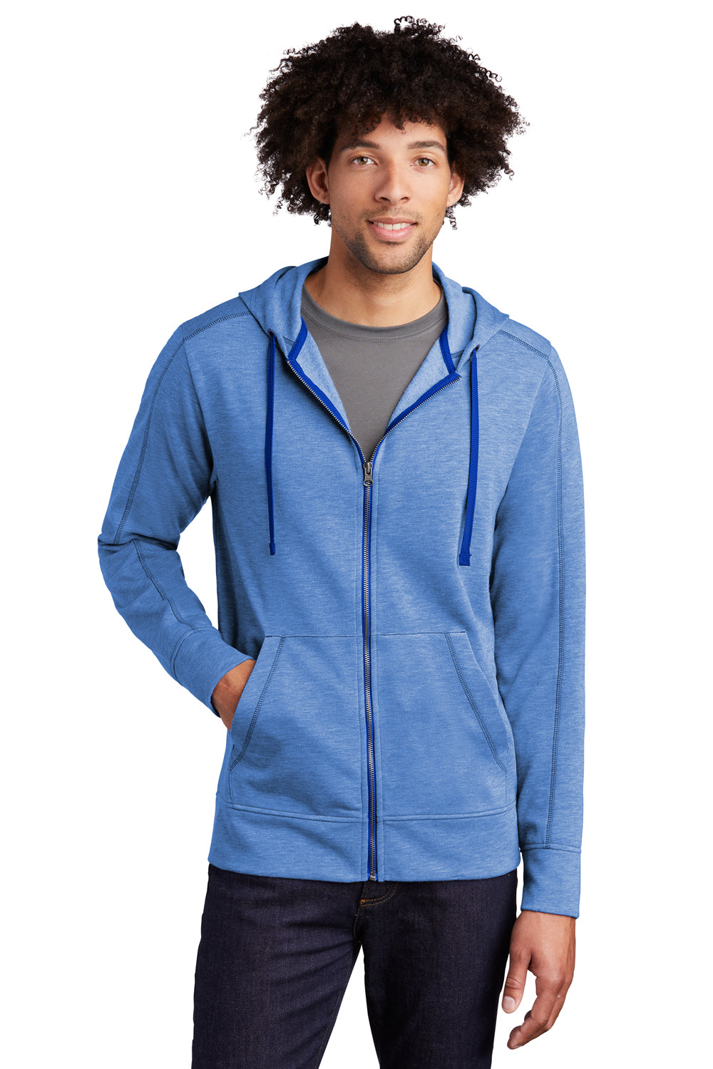 Sport-Tek ST293 Mens Moisture Wicking Fleece Full Zip Hooded Sweatshirt Hoodie Heather True Royal Blue Model Front