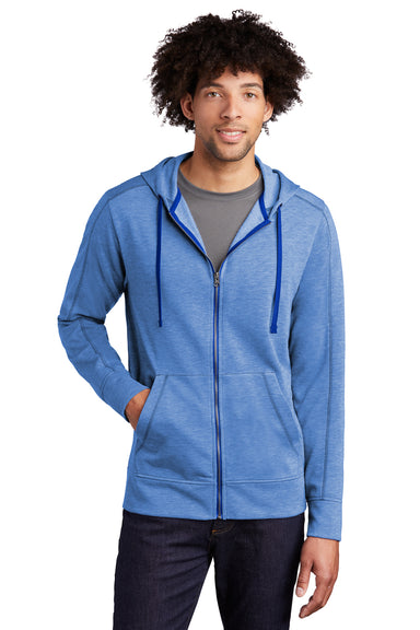 Sport-Tek ST293 Mens Moisture Wicking Fleece Full Zip Hooded Sweatshirt Hoodie Heather True Royal Blue Model Front