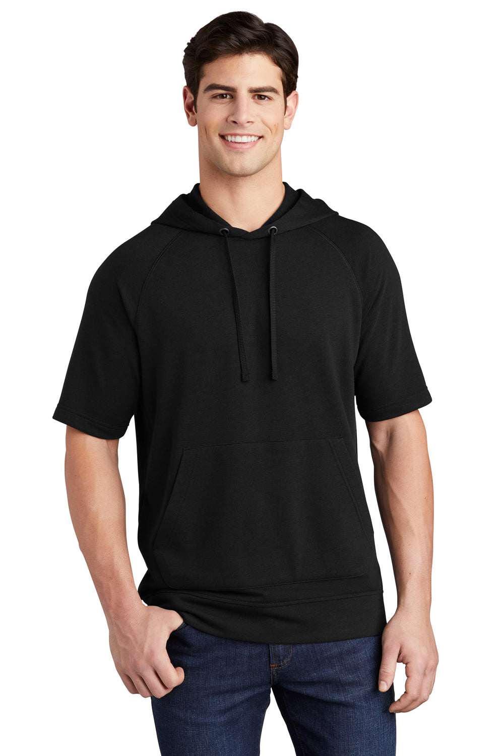 Sport-Tek ST297 Mens Moisture Wicking Fleece Short Sleeve Hooded Sweatshirt Hoodie Black Model Front