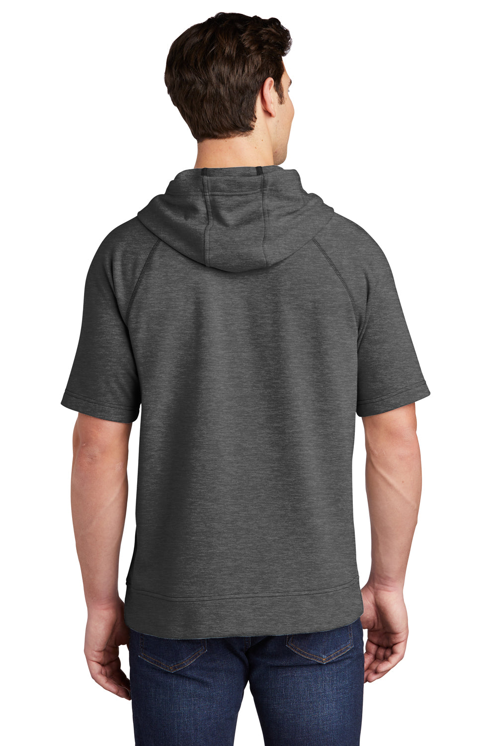 Sport-Tek ST297 Mens Moisture Wicking Fleece Short Sleeve Hooded Sweatshirt Hoodie Heather Dark Grey Model Back