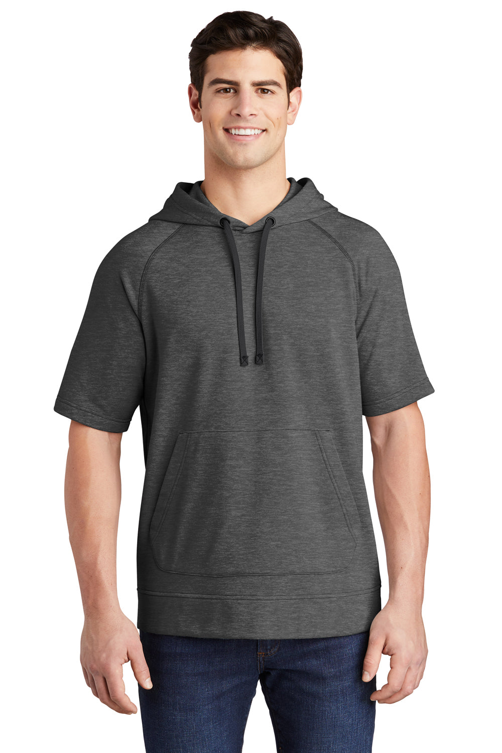 Sport-Tek ST297 Mens Moisture Wicking Fleece Short Sleeve Hooded Sweatshirt Hoodie Heather Dark Grey Model Front