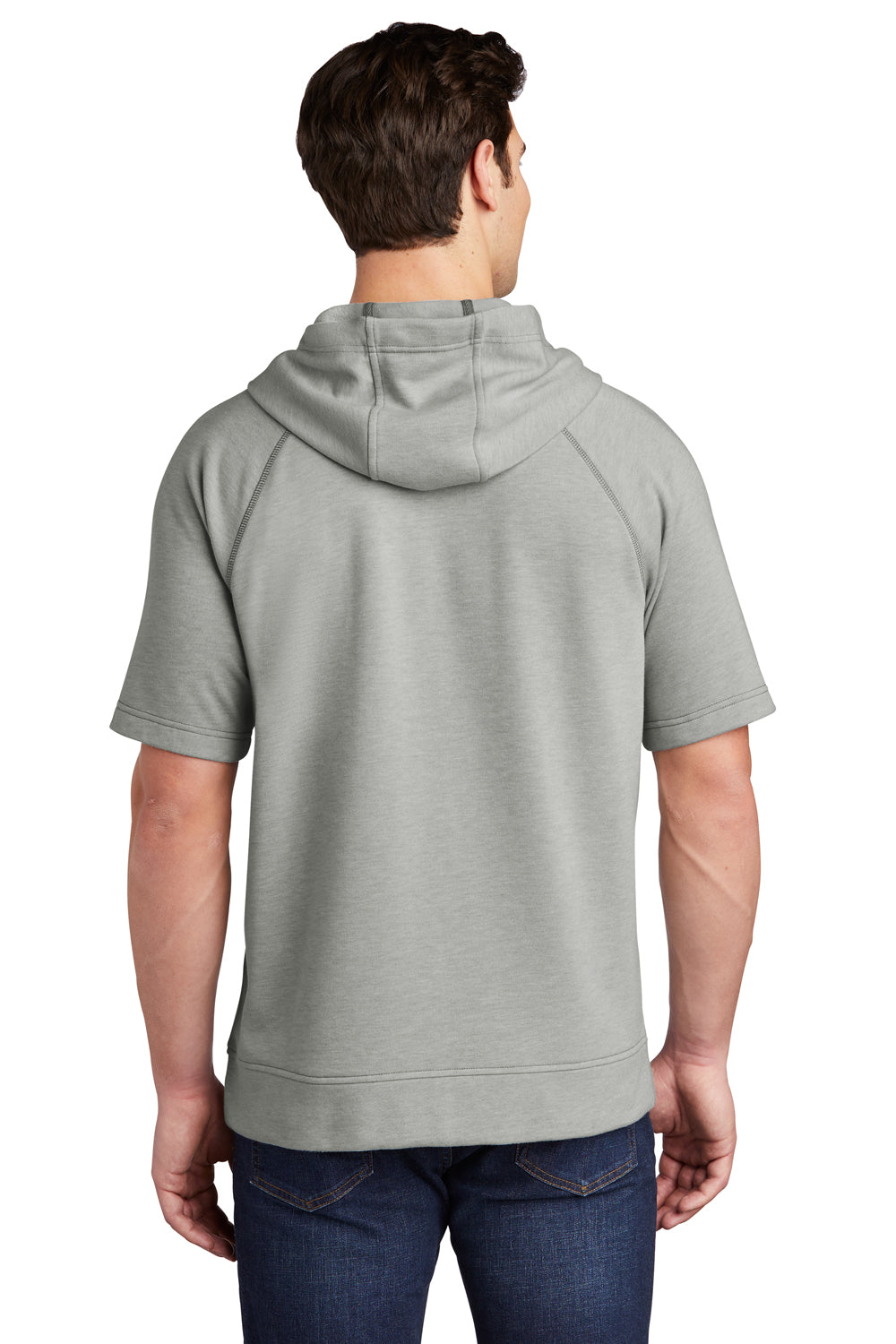 Sport-Tek ST297 Mens Moisture Wicking Fleece Short Sleeve Hooded Sweatshirt Hoodie Heather Light Grey Model Back