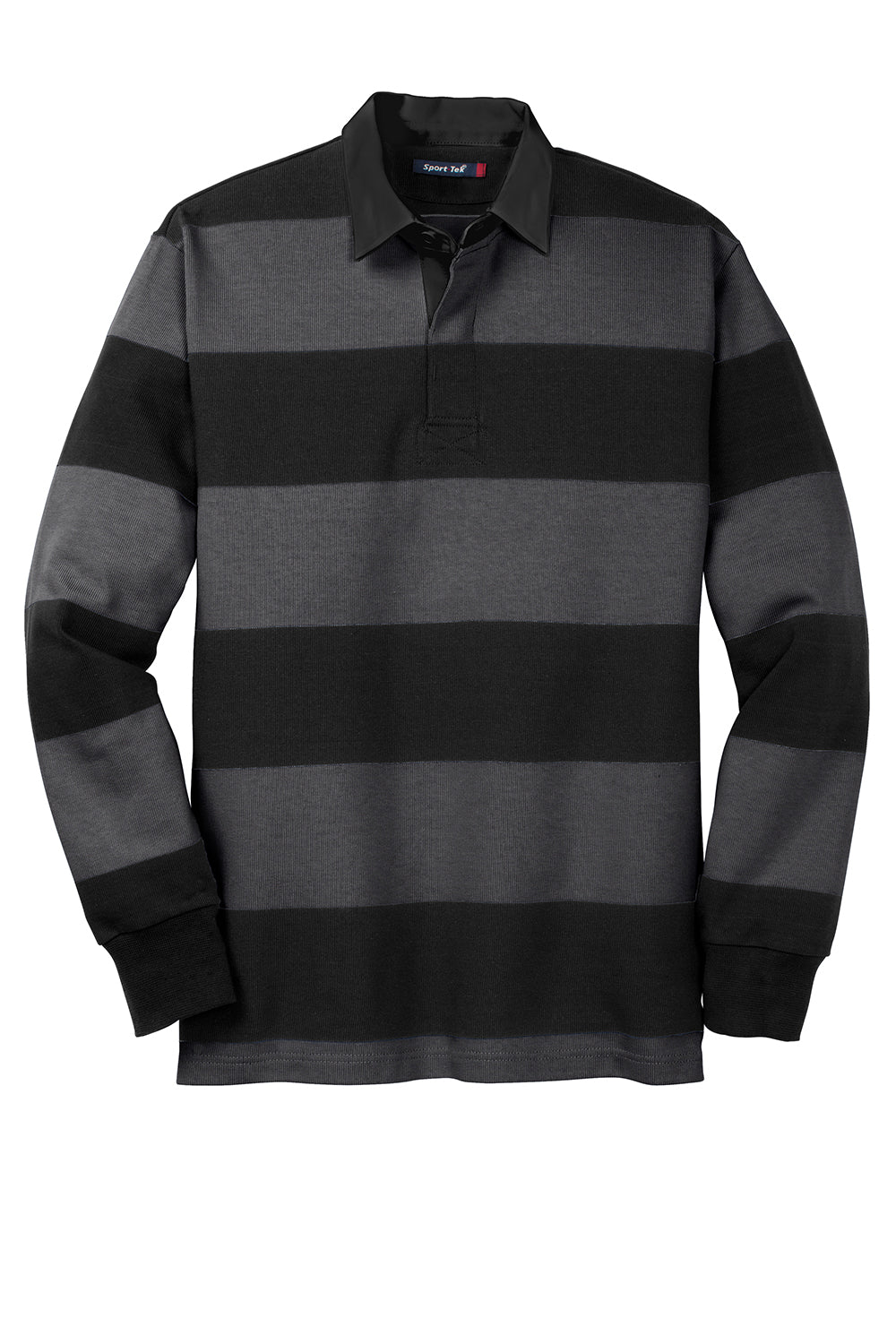 Sport-Tek ST301 Mens Classic Rugby Long Sleeve Polo Shirt Black/Graphite Grey Flat Front