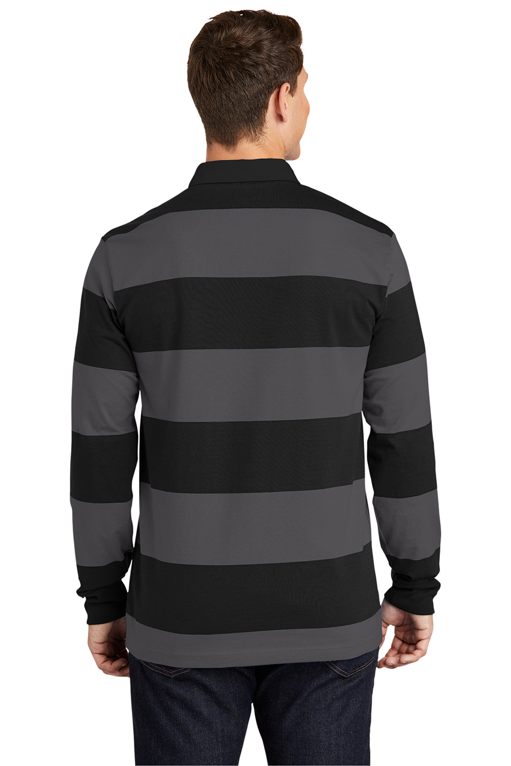 Sport-Tek ST301 Mens Classic Rugby Long Sleeve Polo Shirt Black/Graphite Grey Model Back