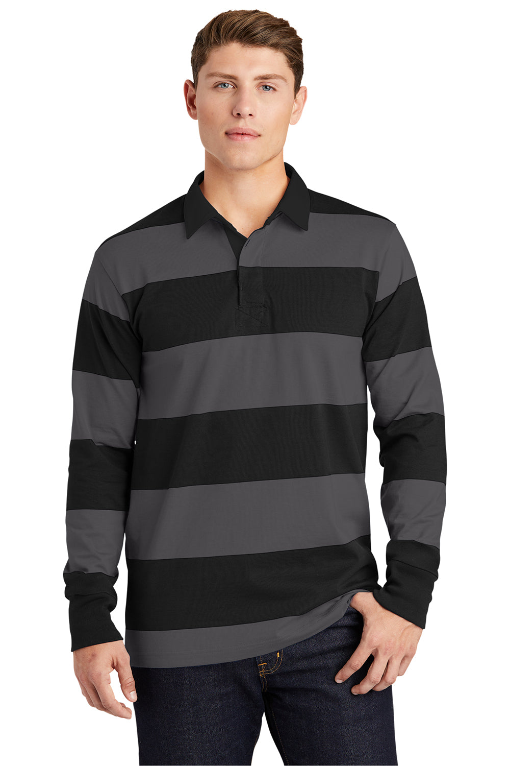 Sport-Tek ST301 Mens Classic Rugby Long Sleeve Polo Shirt Black/Graphite Grey Model Front